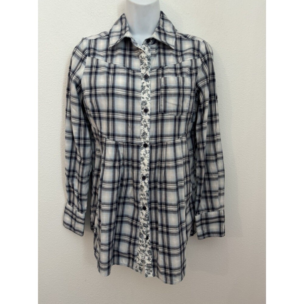 Free People Blouse Babydoll Button Down Womens 8 Floral Plaid Cotton Beachy EUC